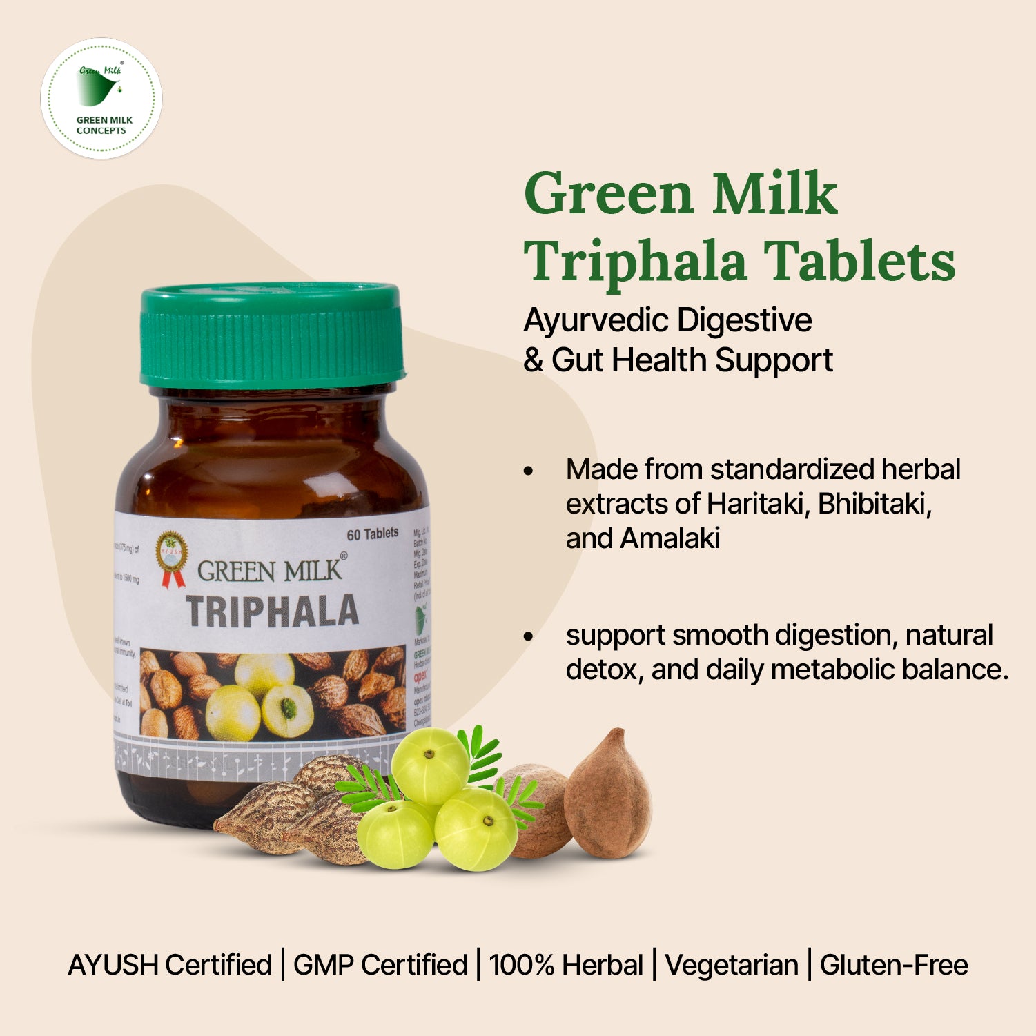 Bottle of Green Milk Triphala Tablets with product details on a beige background