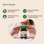 Green Milk Triphala bottle held by hands with product benefits listed on a beige background