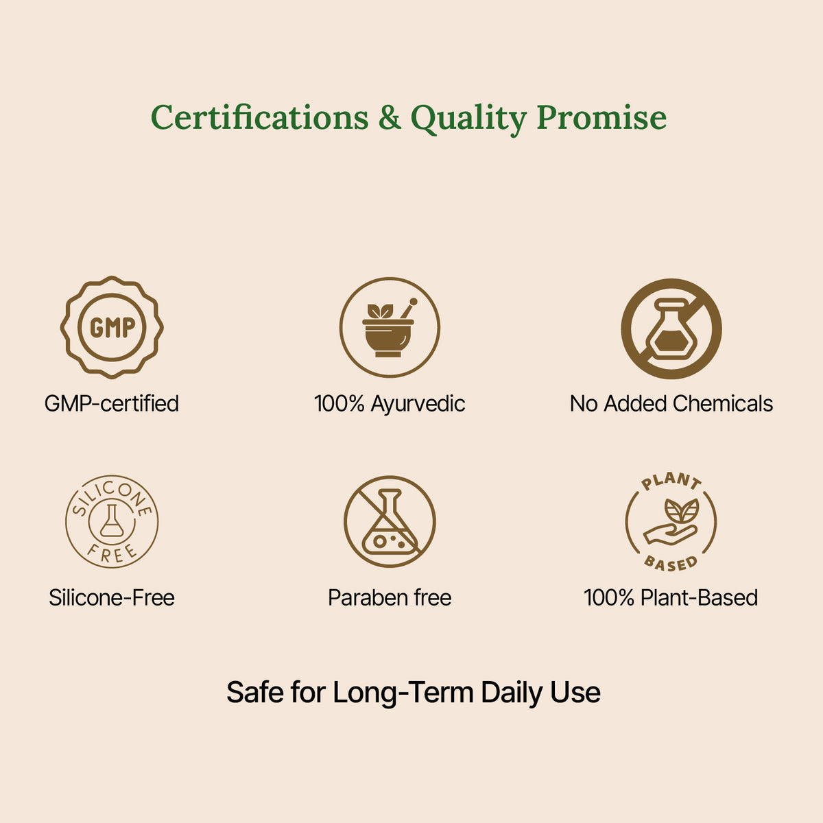 Certifications and quality promise icons on a beige background