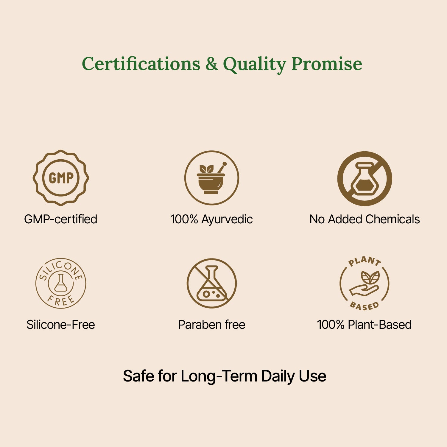 Certifications and quality promise icons on a beige background