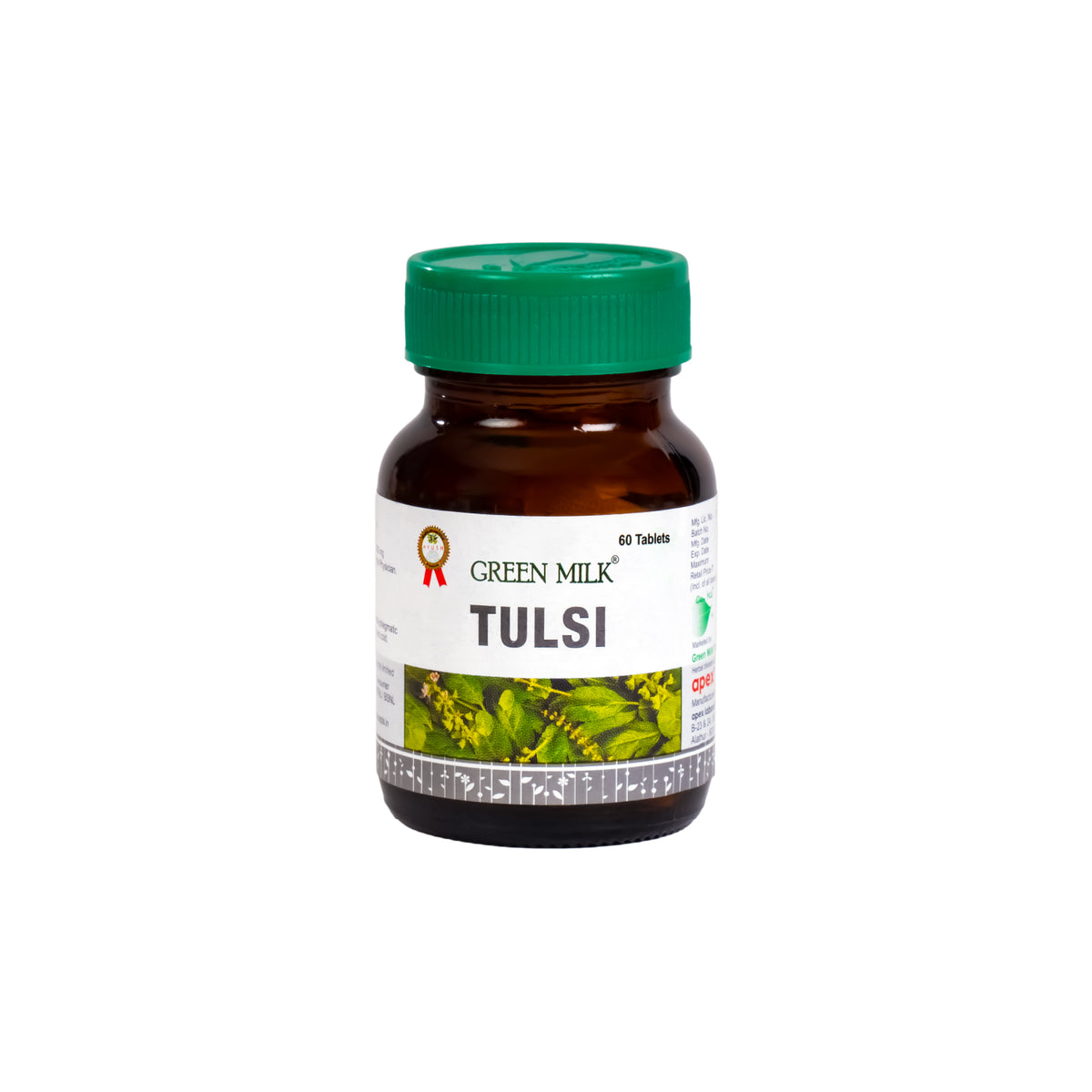 Bottle of Green Milk Tulsi tablets on a white background