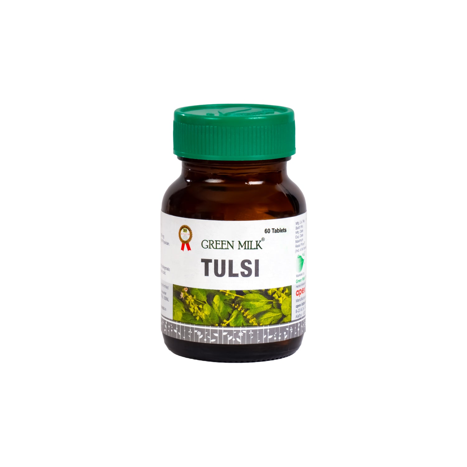 Bottle of Green Milk Tulsi tablets on a white background