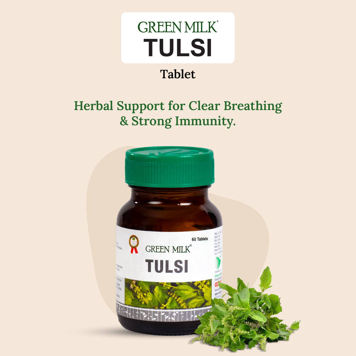 Bottle of Green Milk Tulsi tablets with a green cap on a beige background
