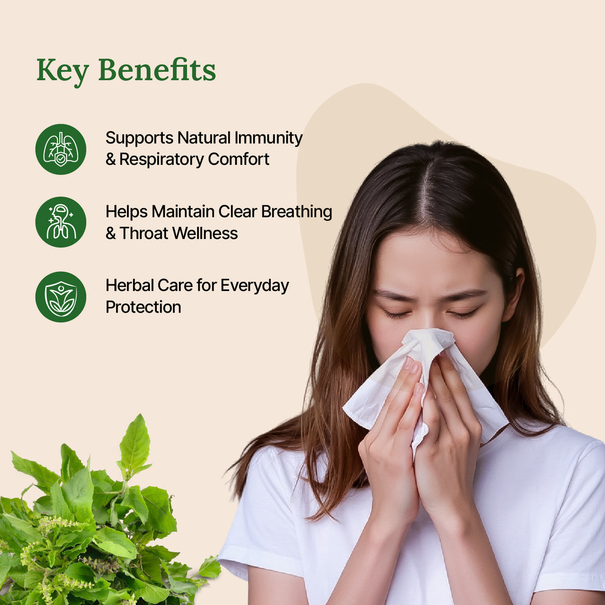 Woman blowing her nose with key benefits listed on a beige background