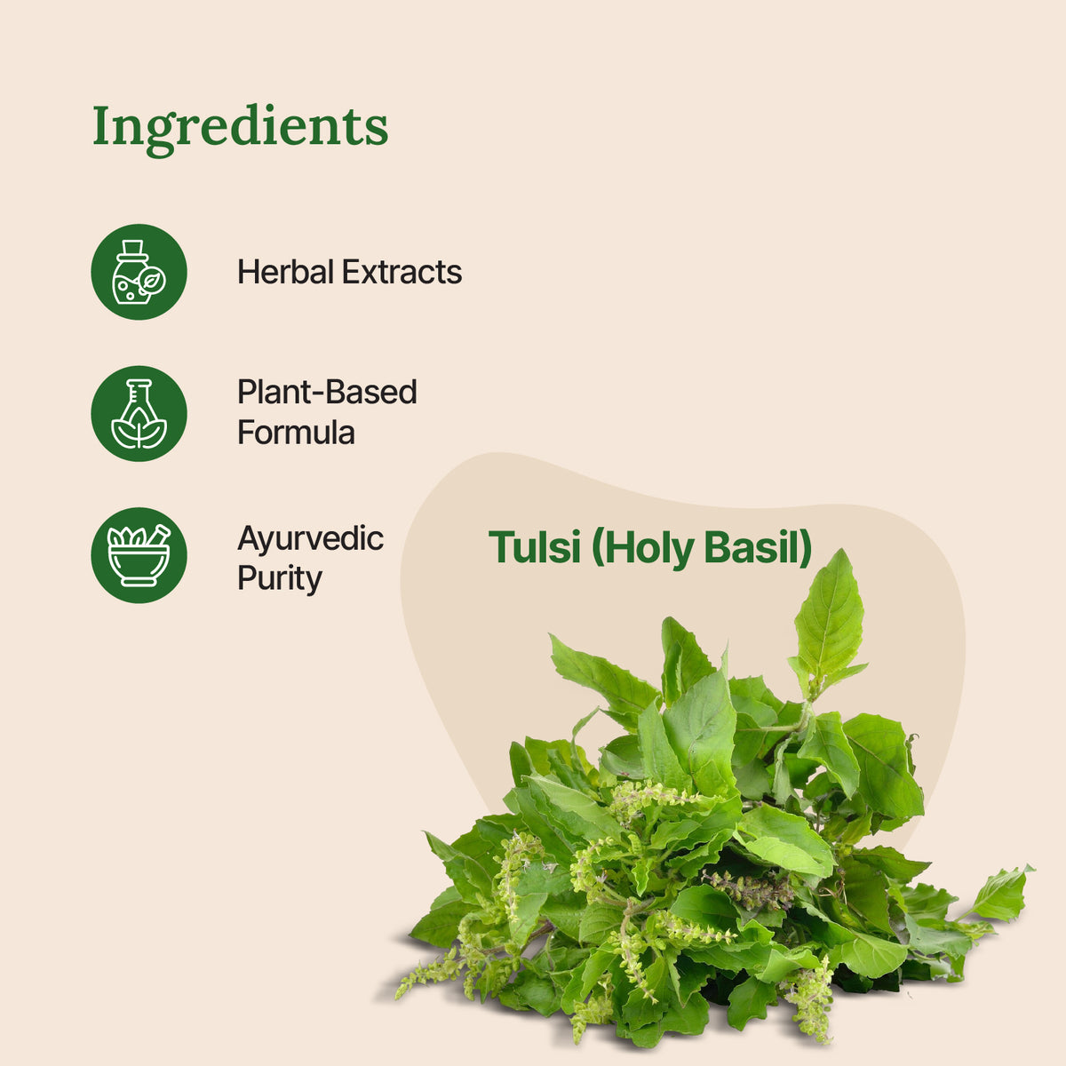 Ingredients list with Tulsi (Holy Basil) on a beige background