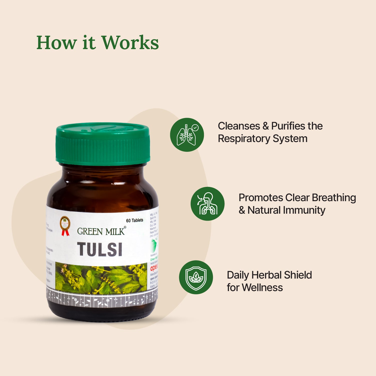 Bottle of Green Milk Tulsi tablets with benefits listed on a beige background