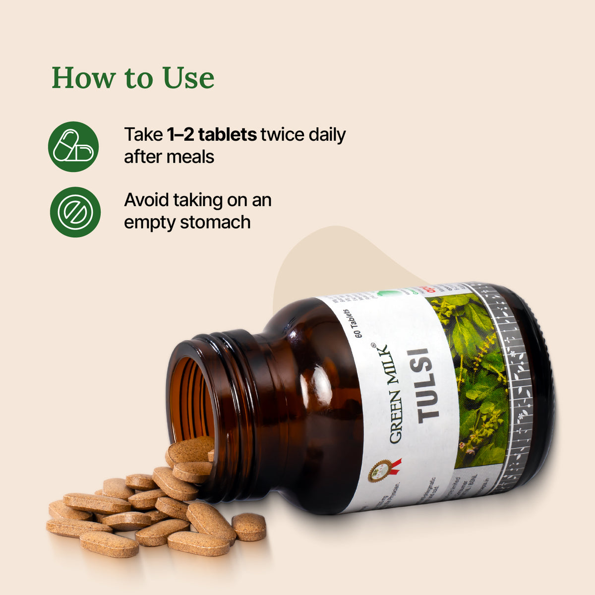 Bottle of Green Milk Tulsi tablets with usage instructions on a beige background