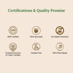 Certifications and quality promise icons on a beige background