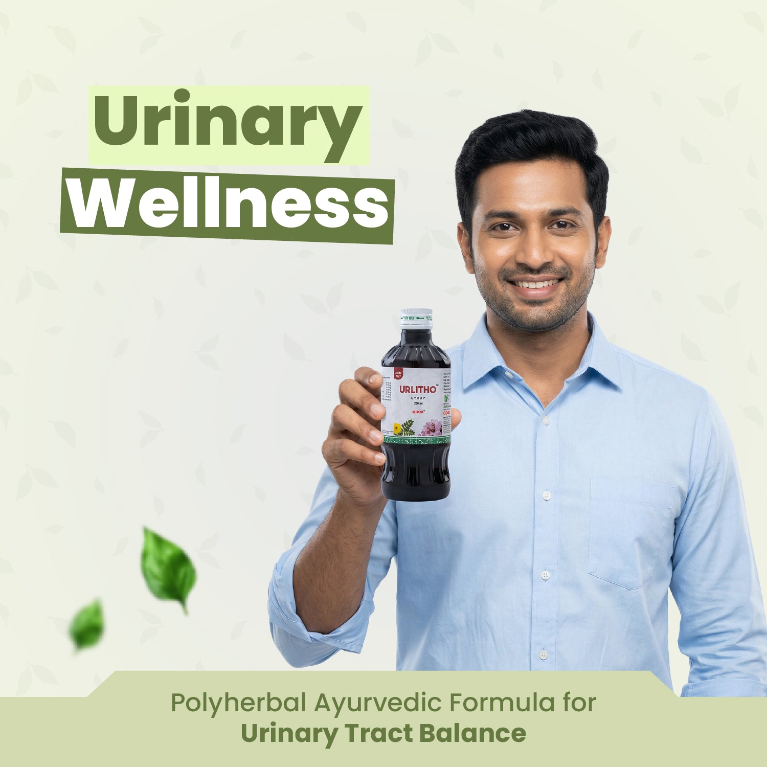 Man holding a bottle labeled 'Urithio' with text about urinary wellness and polyherbal ayurvedic formula.