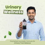 Man holding a bottle labeled 'Urithio' with text about urinary wellness and polyherbal ayurvedic formula.