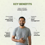 Man with text highlighting key benefits of urinary health on a light background
