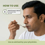 Man using a spoon to take a pill with text on how to use it.
