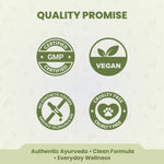 Quality certification logos on a light beige background with text about authenticity and wellness.