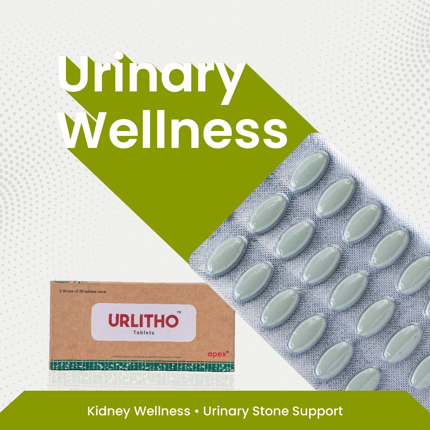 Uritho tablets and packaging with 'Urinary Wellness' text on a white background