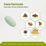 Ayurvedic Urinary Wellness Blend with core ingredients displayed on a white background