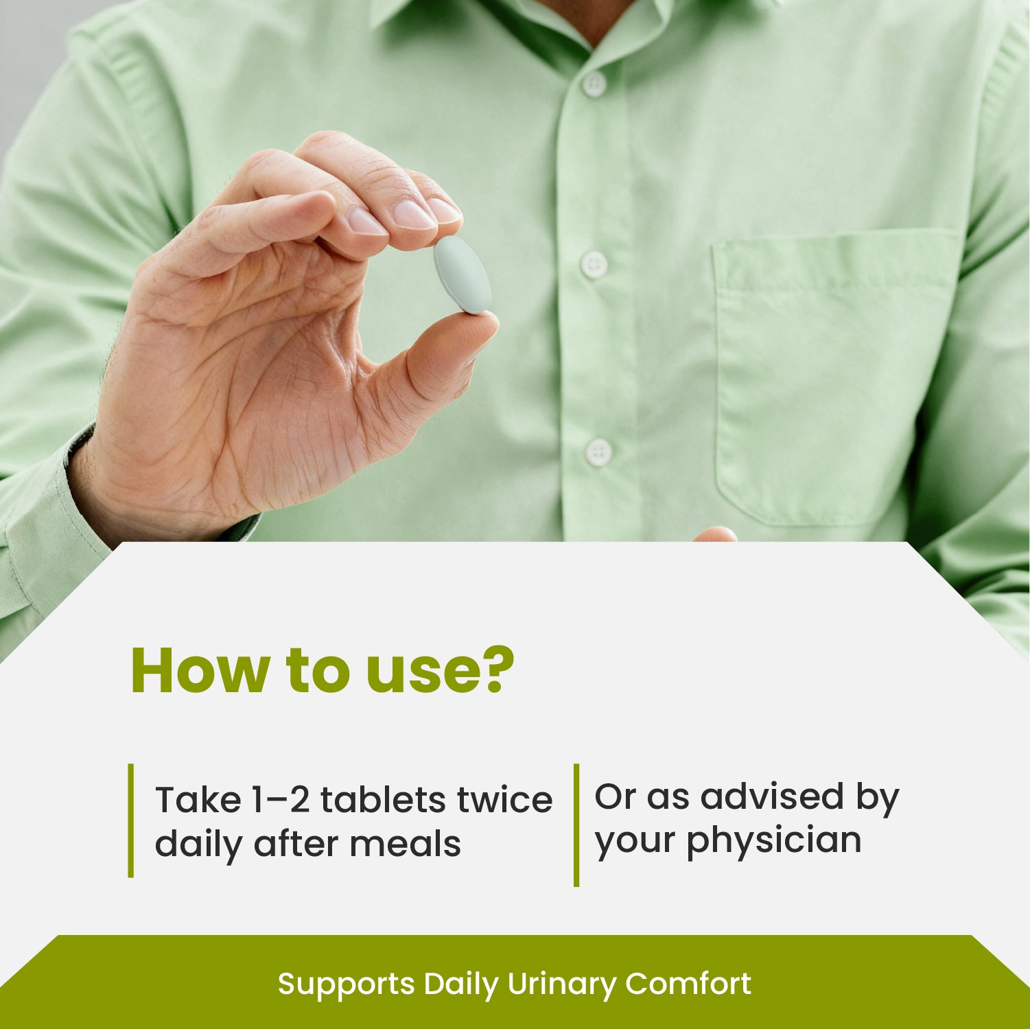 Person holding a pill with text on how to use it, set against a green shirt background.