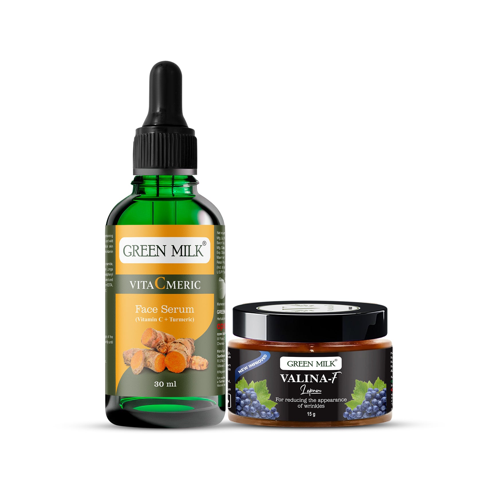 Green Milk skincare products including a face serum and cream on a white background