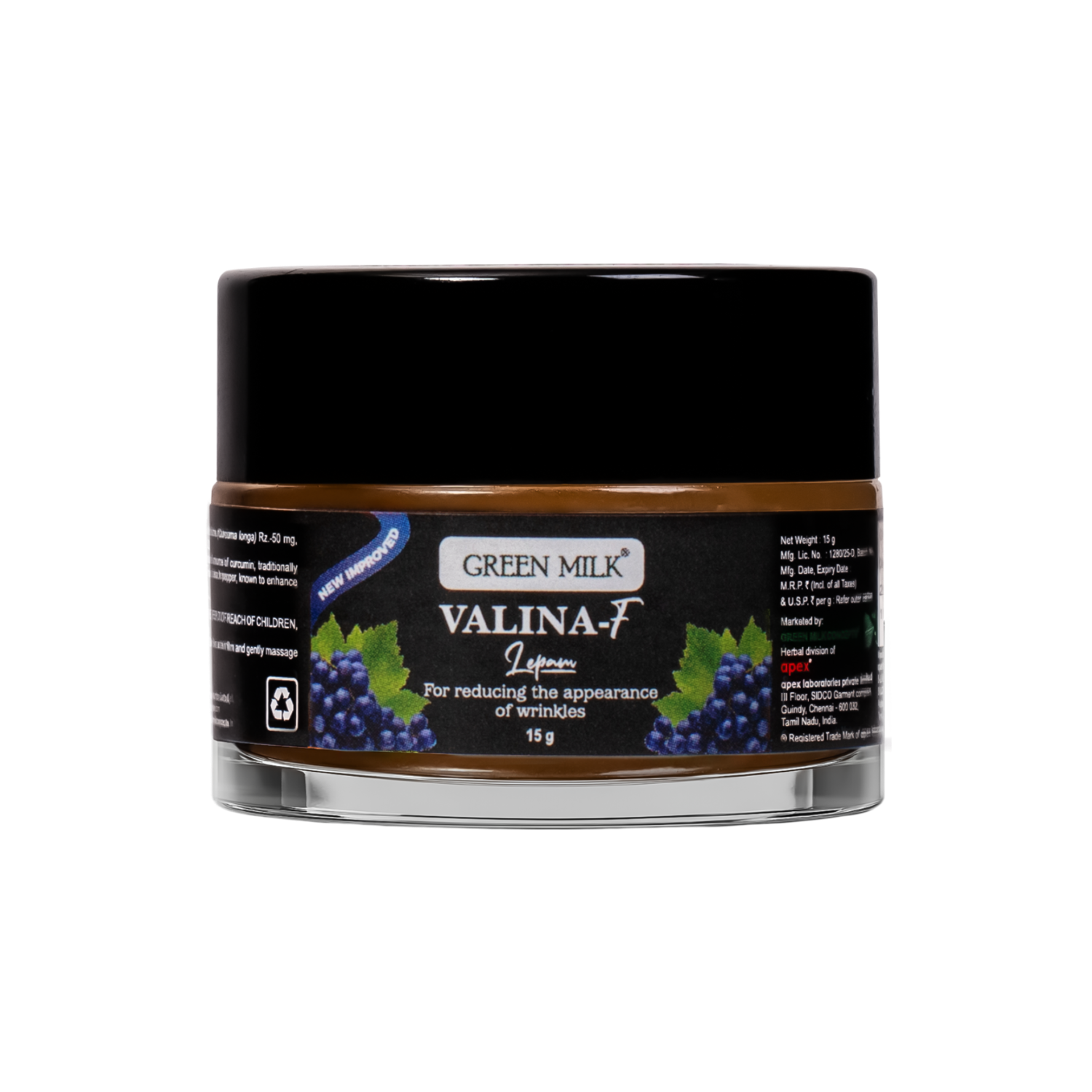 Jar of Green Milk Valina-F cream with black lid and label on a white background