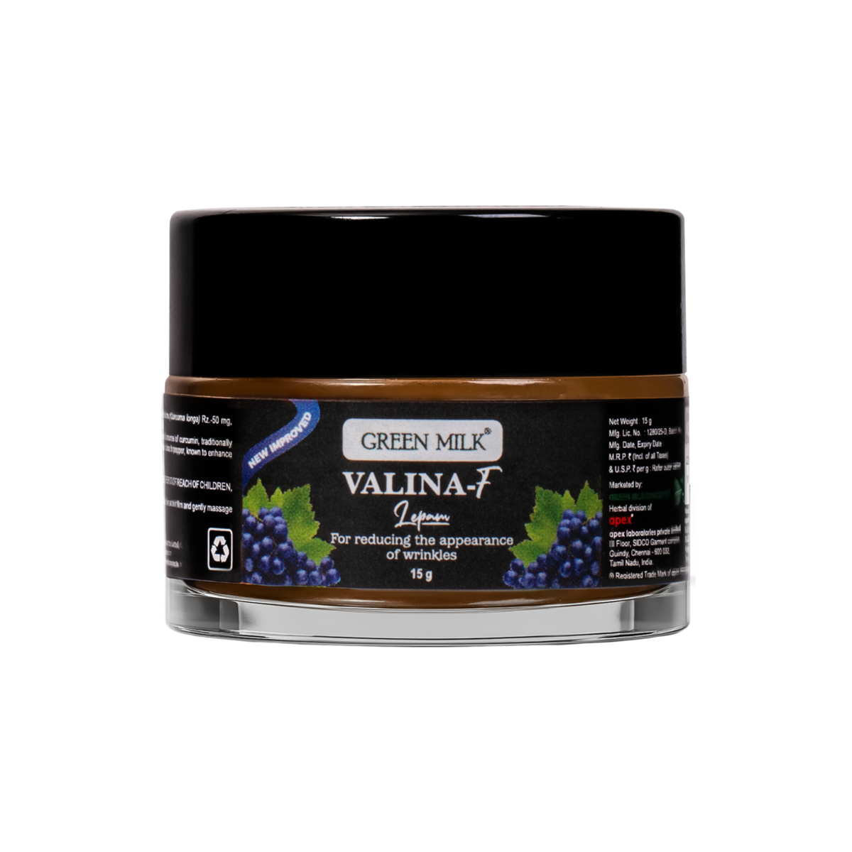 Jar of Green Milk Valina-F cream with black lid and label on a white background