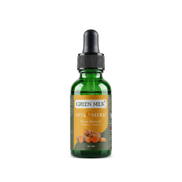 Green Milk Vita Cumeric face serum bottle with dropper on a white background