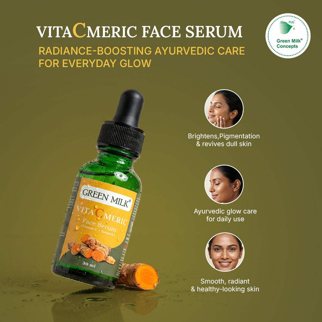 VitaCmeric face serum bottle with benefits on a green background