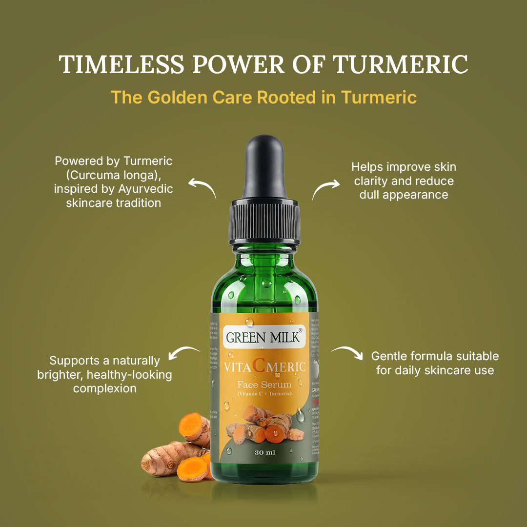 Green Milk VitaCurcumin Face Serum bottle with turmeric roots on a green background