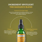 Green Milk Vitamin C serum bottle with text about Turmeric and Vitamin C on a green background