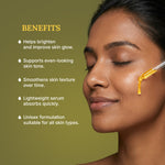 Woman applying yellow serum to her face with text listing benefits on a green background