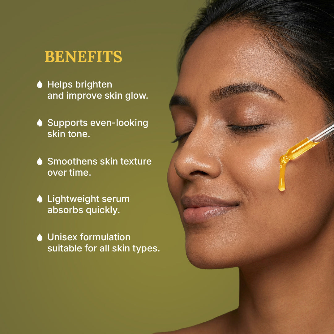 Woman applying yellow serum to her face with text listing benefits on a green background