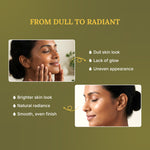 Before and after comparison of a woman's face with text on a green background