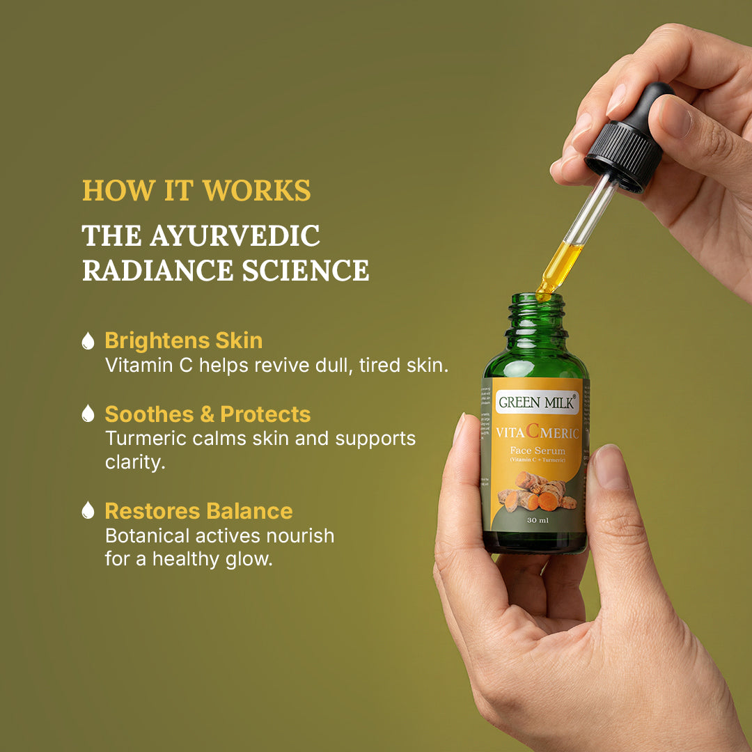 Hand holding a Green Milk skincare dropper bottle with text on ayurvedic radiance science.