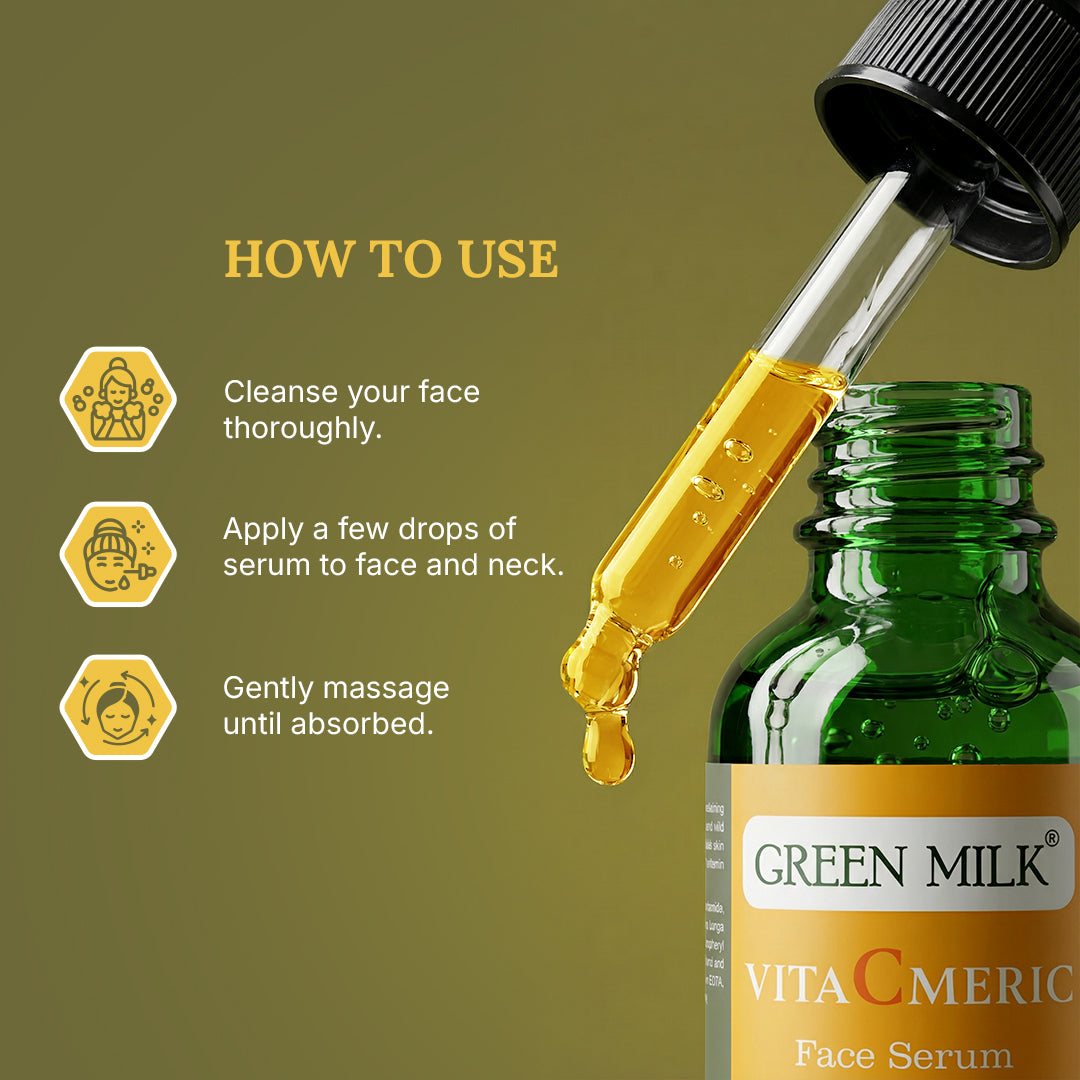 Green Milk Vita C Meric face serum bottle with dropper and usage instructions on a green background