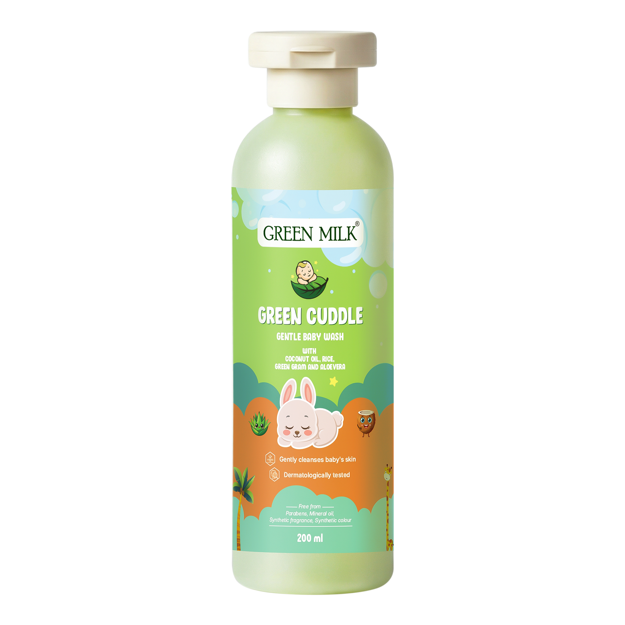 Green Milk bottle of 'Green Cuddle' on a white background