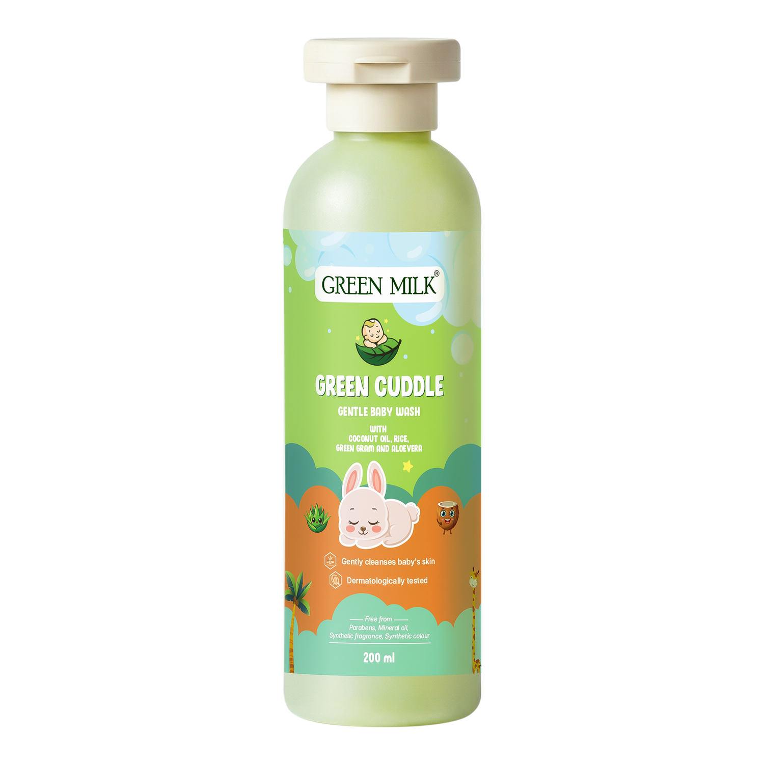 Green Milk bottle of 'Green Cuddle' on a white background