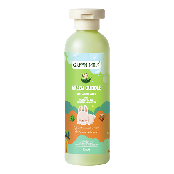 Green Milk bottle of 'Green Cuddle' on a white background