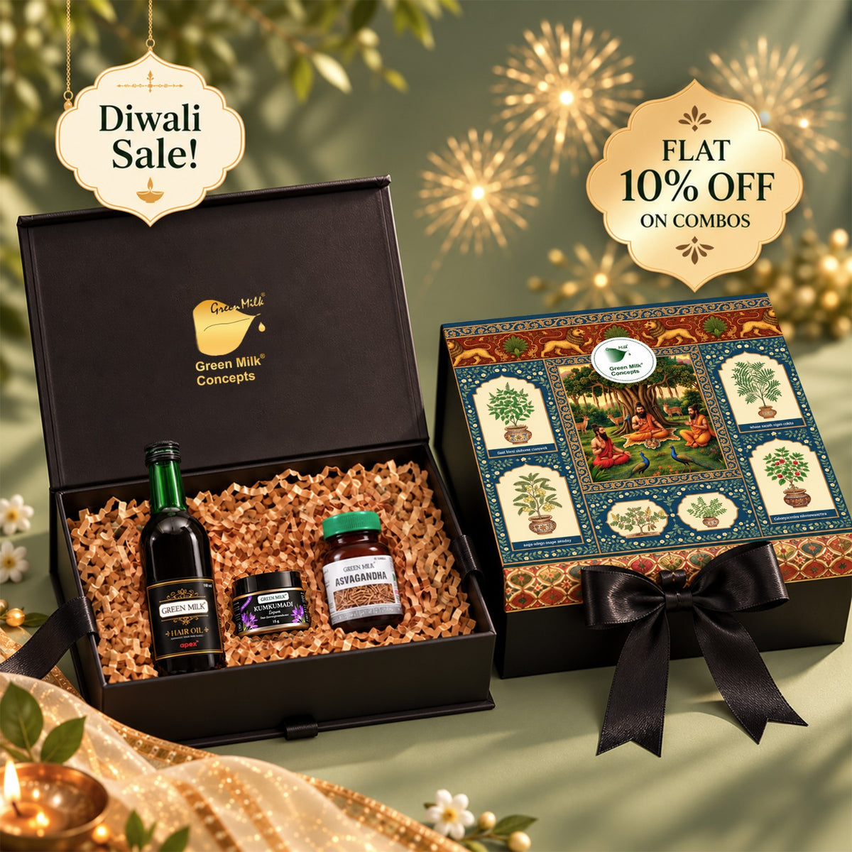 Corporate Gift Box | Green Milk Hair Oil + Kumkumadi Lepam 15g + Ashwagandha Tablets