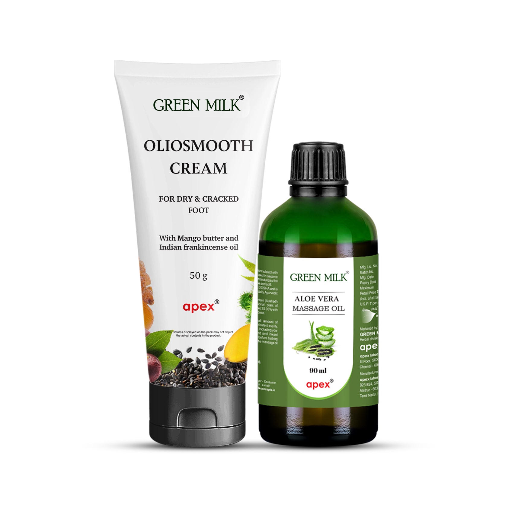 Green Milk Oliosmooth Cream and Aloe Vera Massage Oil on a white background