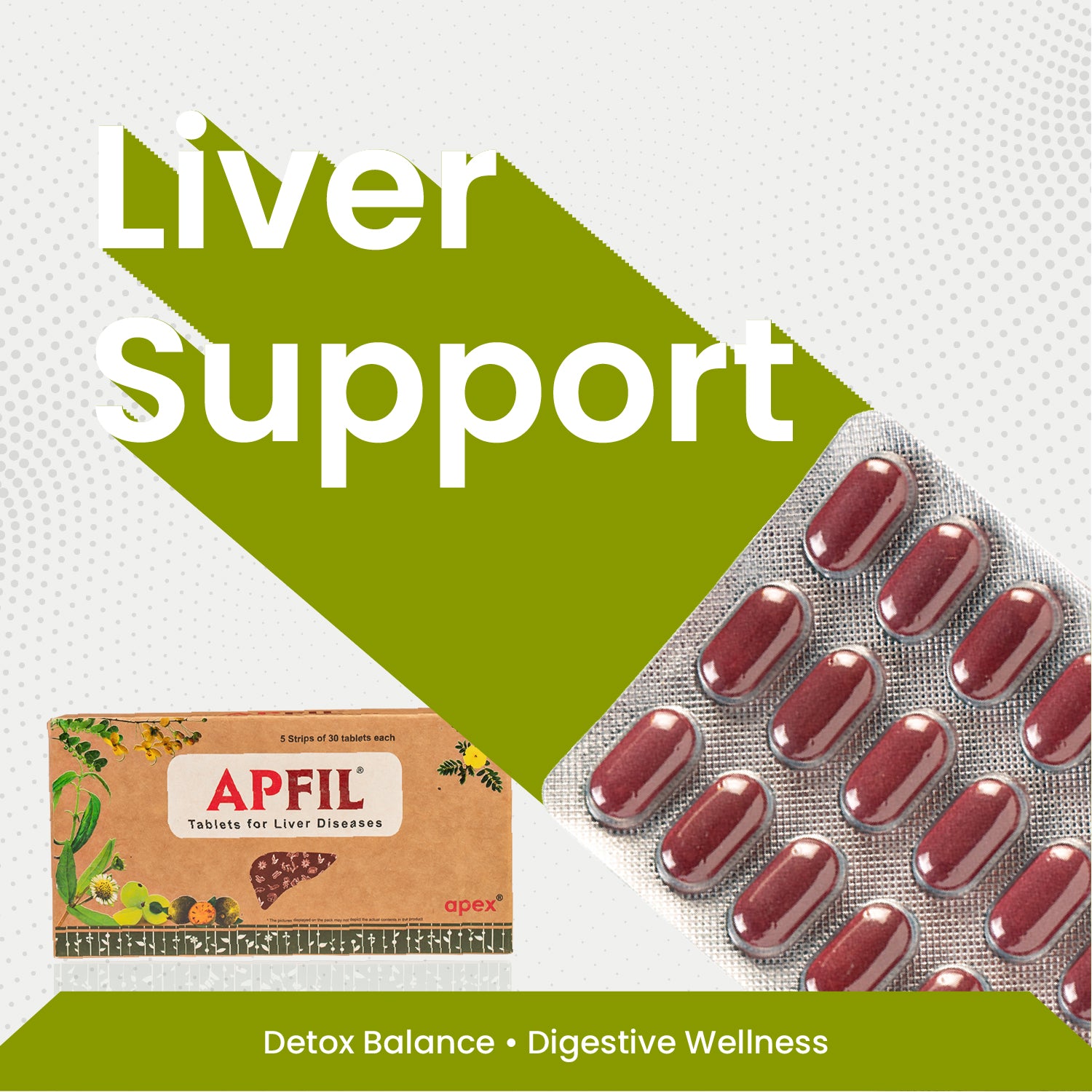 APFIL liver support supplement packaging with tablets on a white background