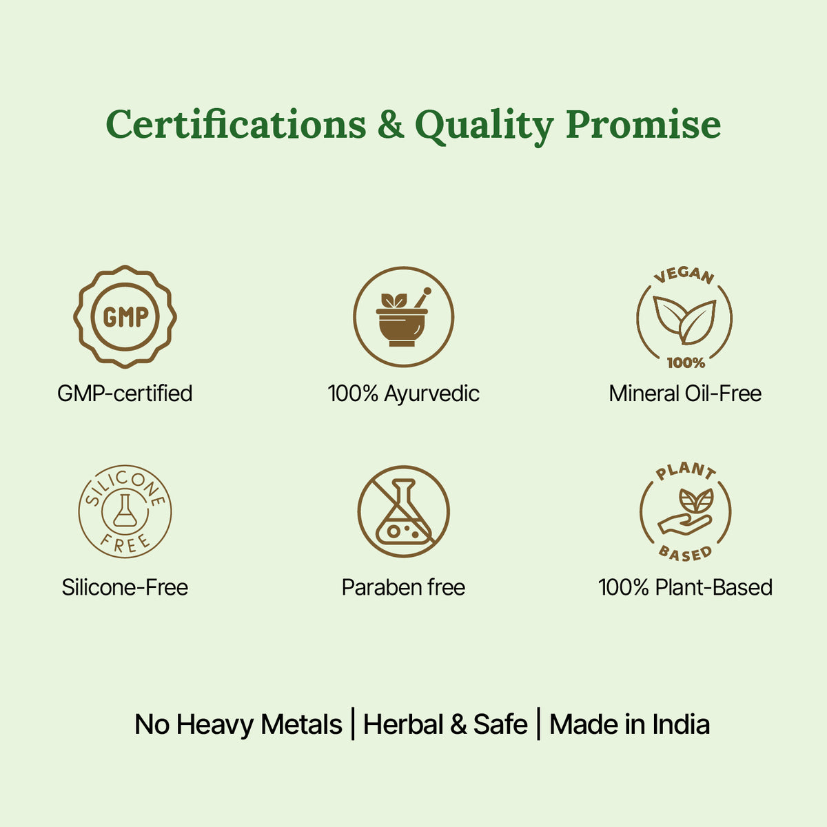 Certifications and quality promise icons on a green background