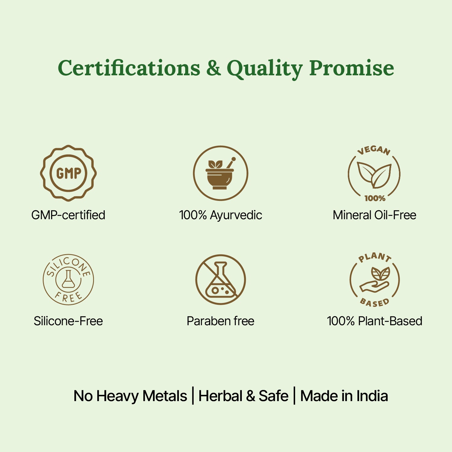 Certifications and quality promise icons on a green background