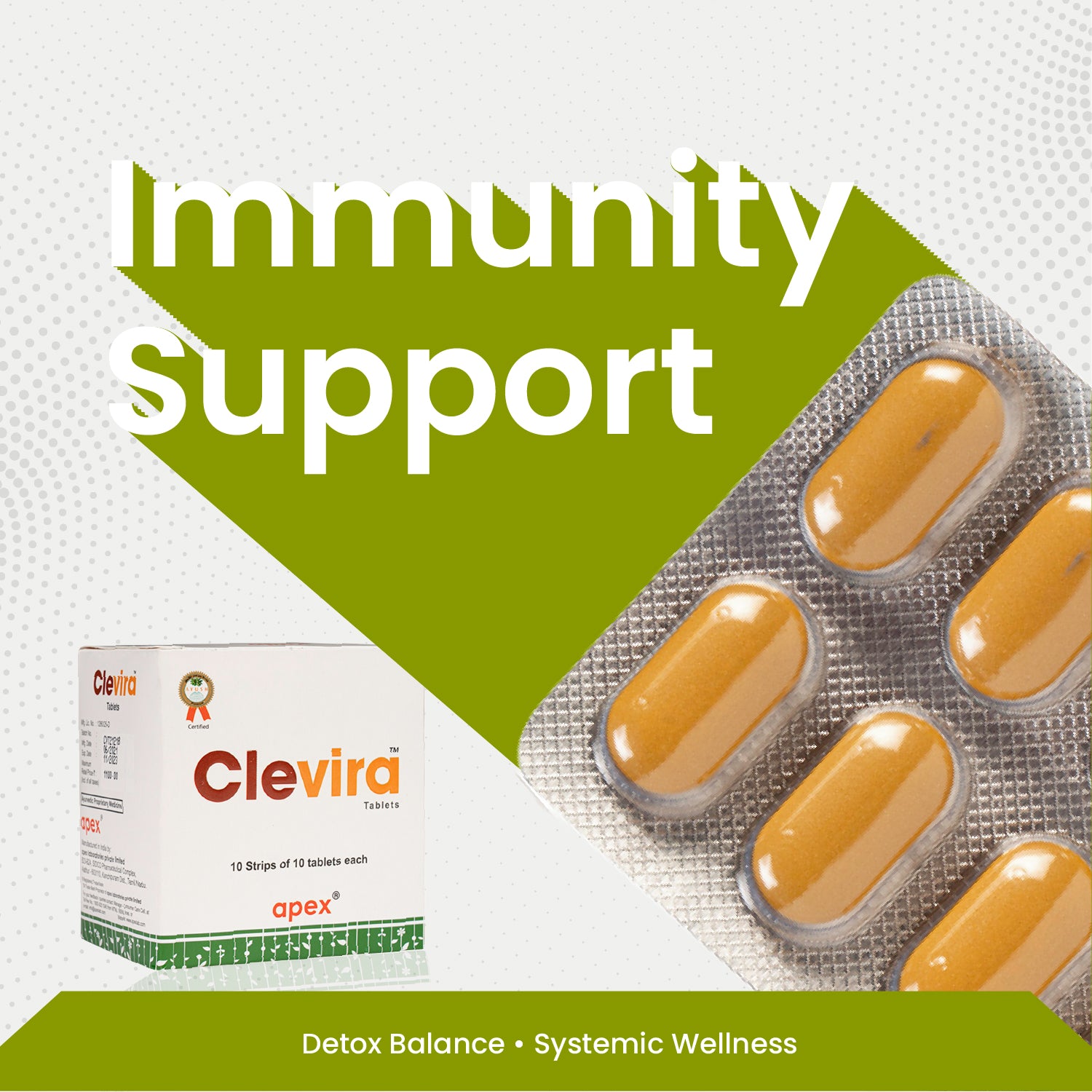 Clevira immunity support supplement packaging with tablets on a white background