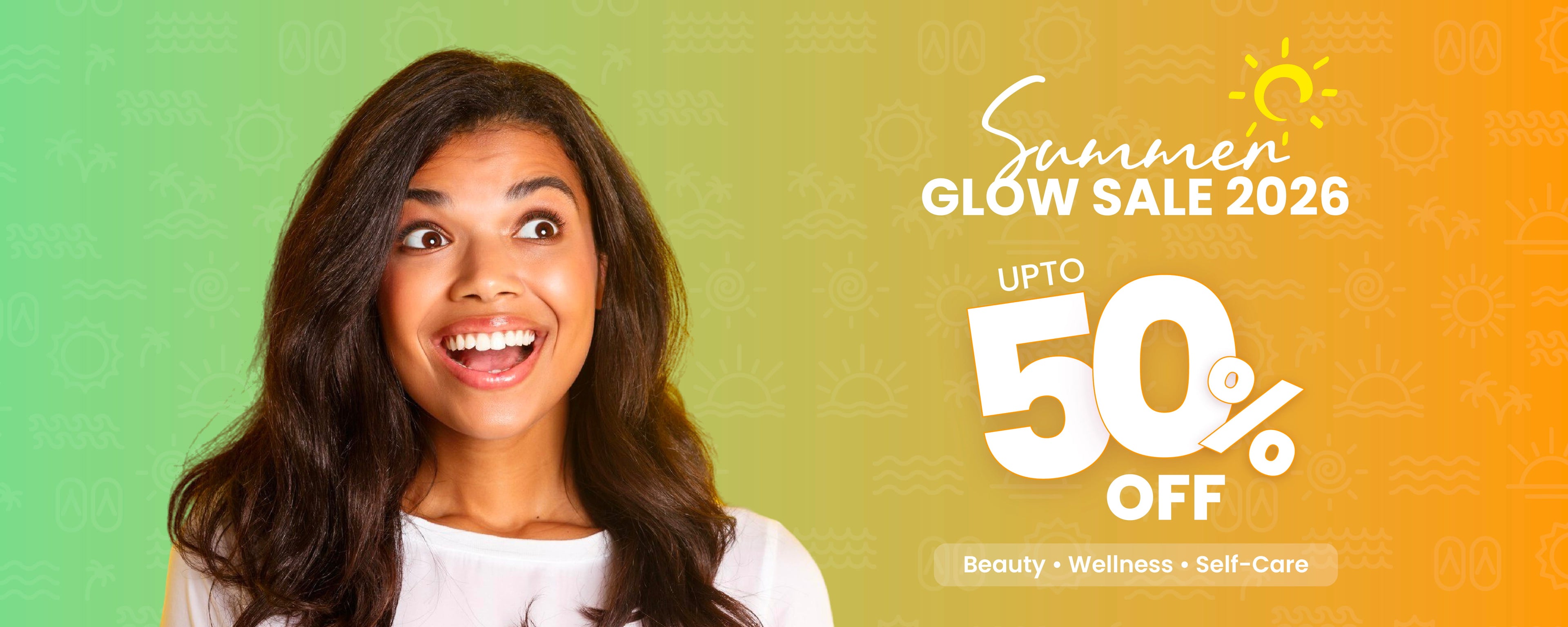 Woman with a surprised expression on a gradient background with 'Summer Glow Sale 2026' text.