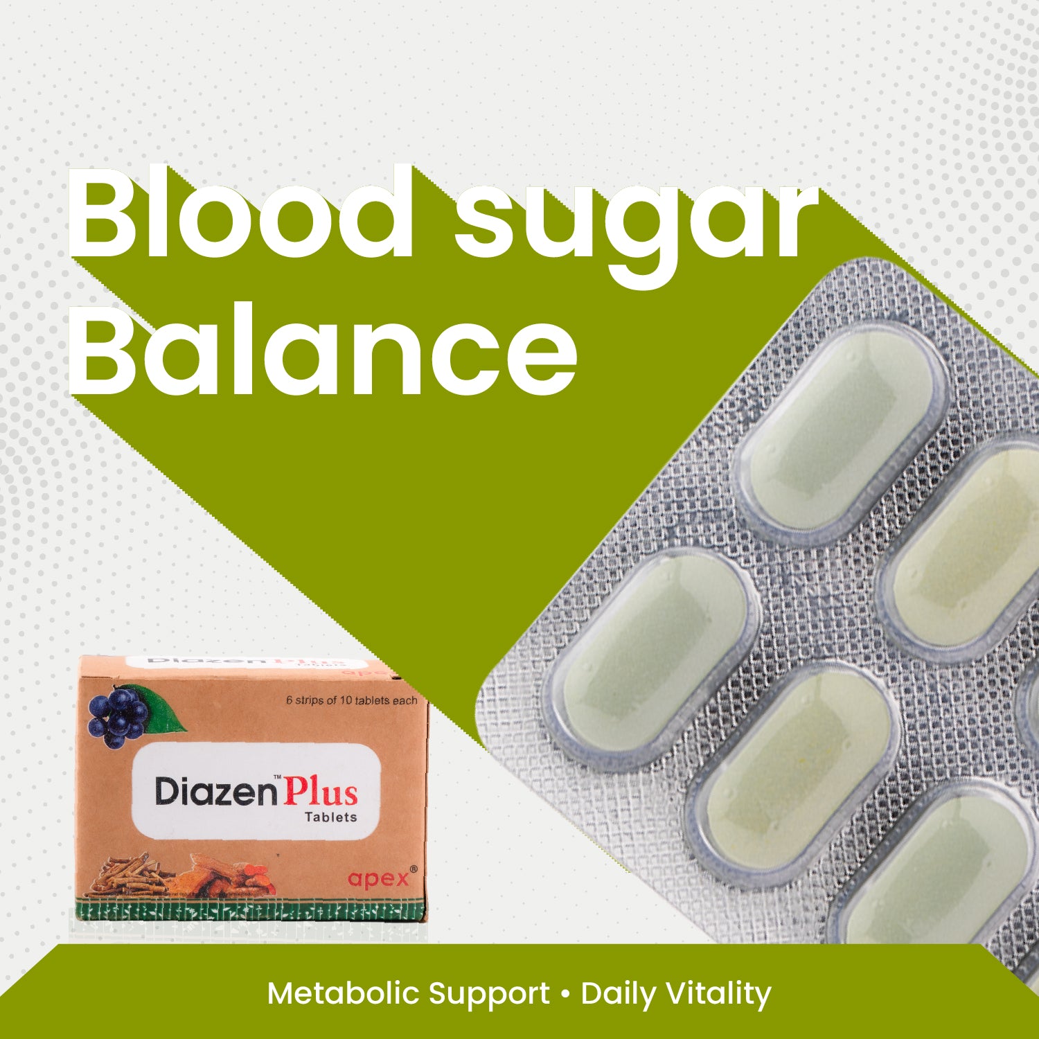 Diazen Plus tablets packaging with text about blood sugar balance and metabolic support.