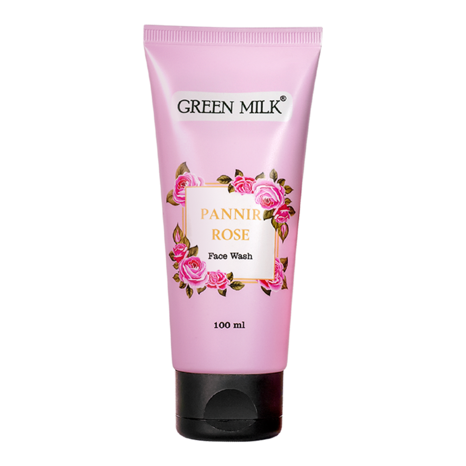 Pink tube of Green Milk Pannir Rose Face Wash on a white background