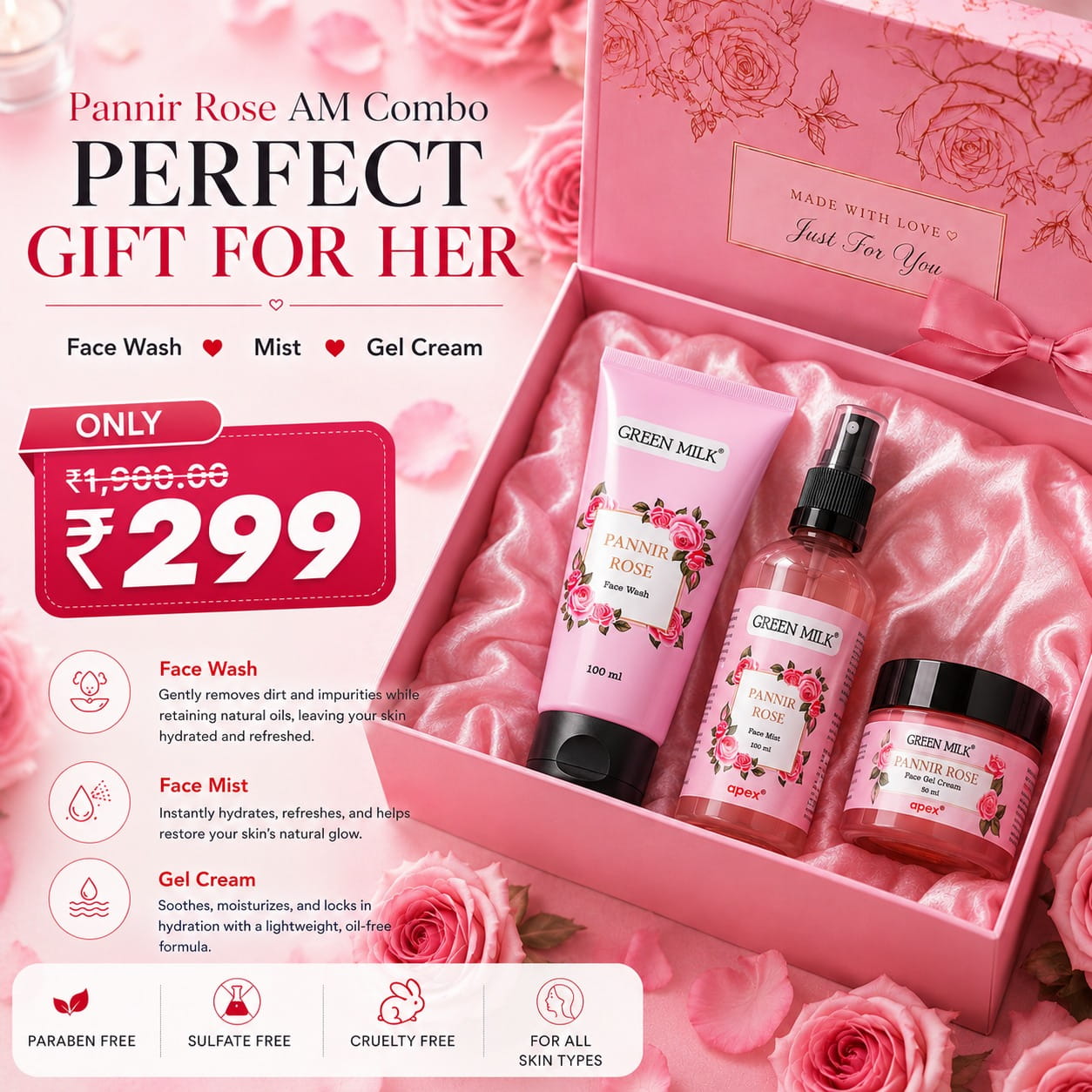 Pannir Rose AM Combo - Face Wash, Mist & Gel Cream