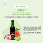 Green Milk Hair Oil advertisement with bottle, flowers, and text on a light green background
