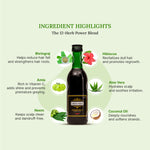 Green Milk hair oil bottle with 12-herb power blend highlights on a light green background