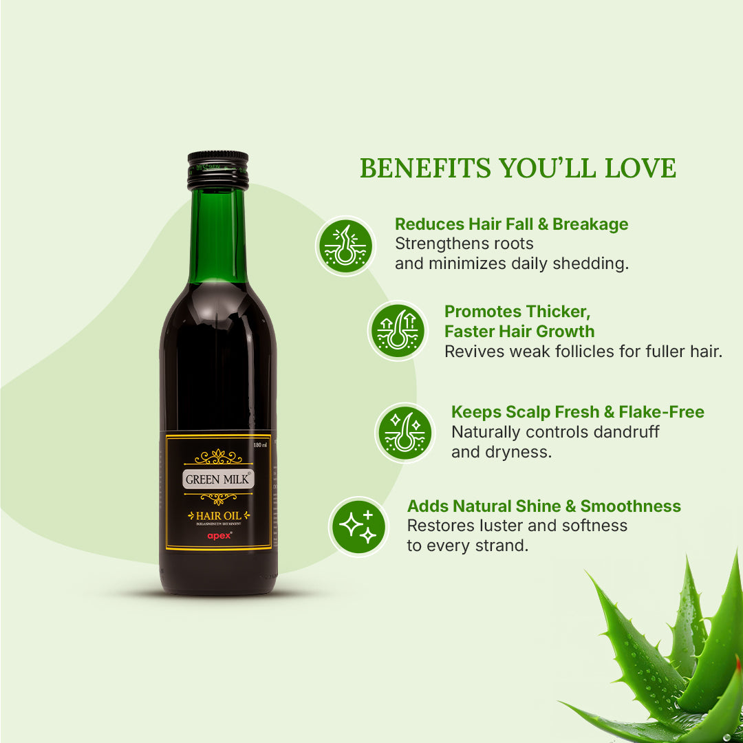 Green Milk hair oil bottle with benefits listed on a light green background