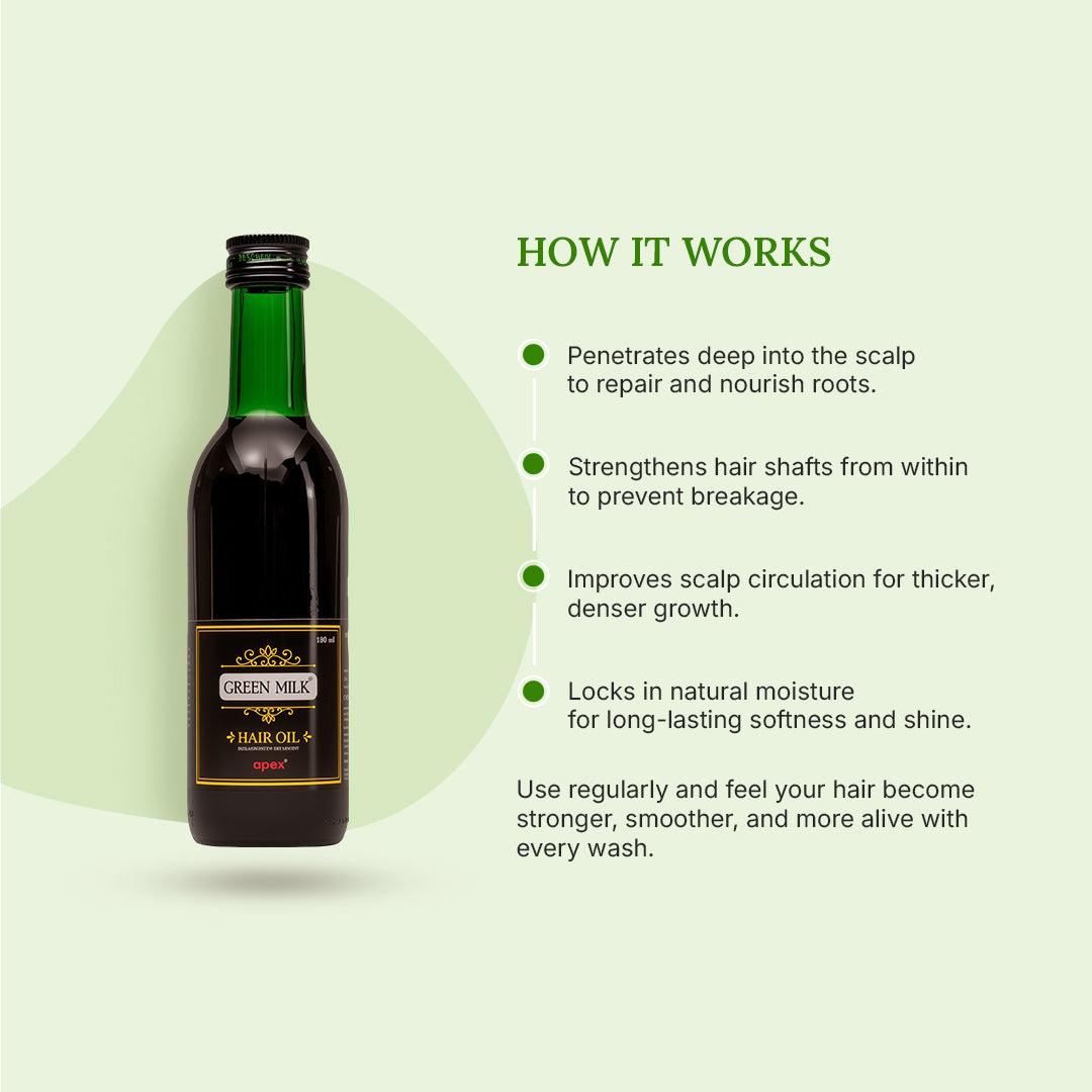 Bottle of Green Milk hair oil with text on a light green background