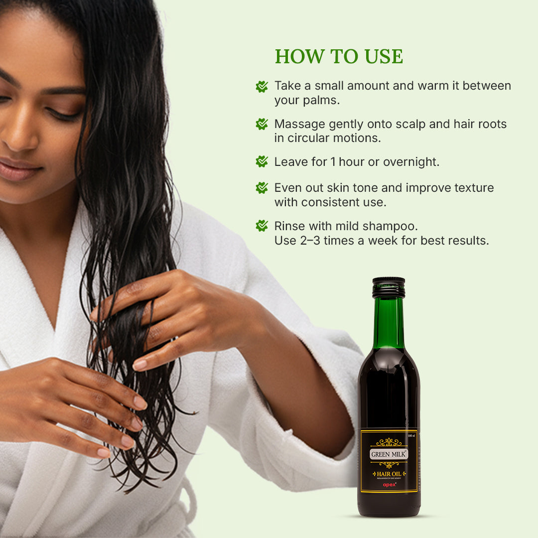 Woman applying hair oil with text on how to use it, and a bottle of hair oil on a light green background.